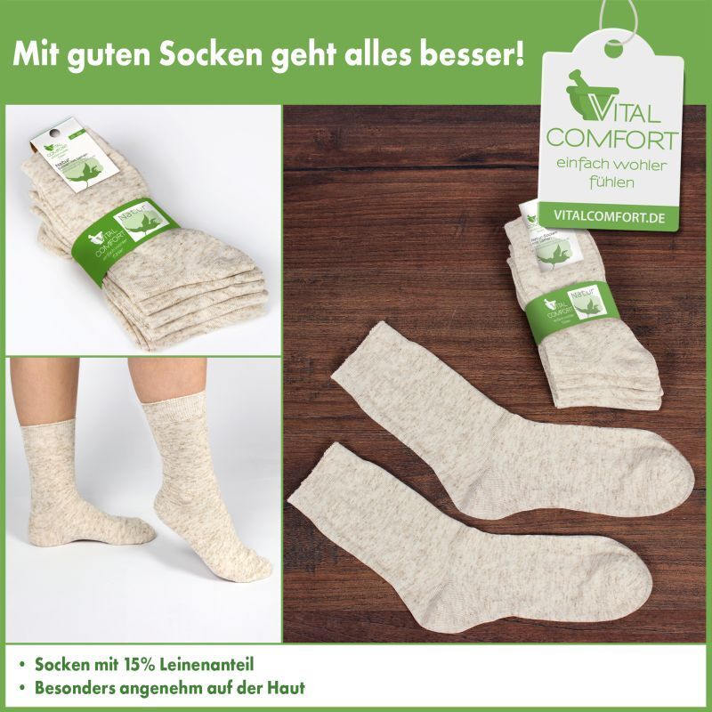 Verschiedene Ansichten von Socken aus Baumwolle und Leinen. Verpackt und einzeln. Auf einem Etikett steht 'VITAL COMFORT'.