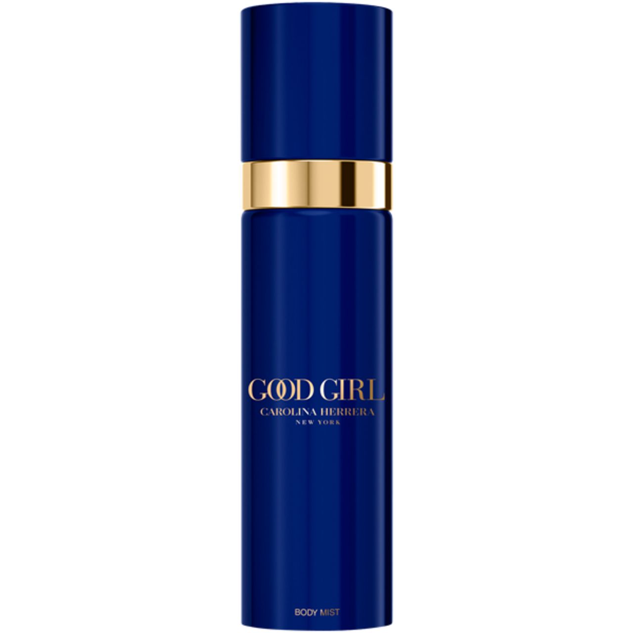 Blauer Good Girl Body Mist-Behälter mit goldfarbenem Band. Schriftzug Good Girl und Carolina Herrera.