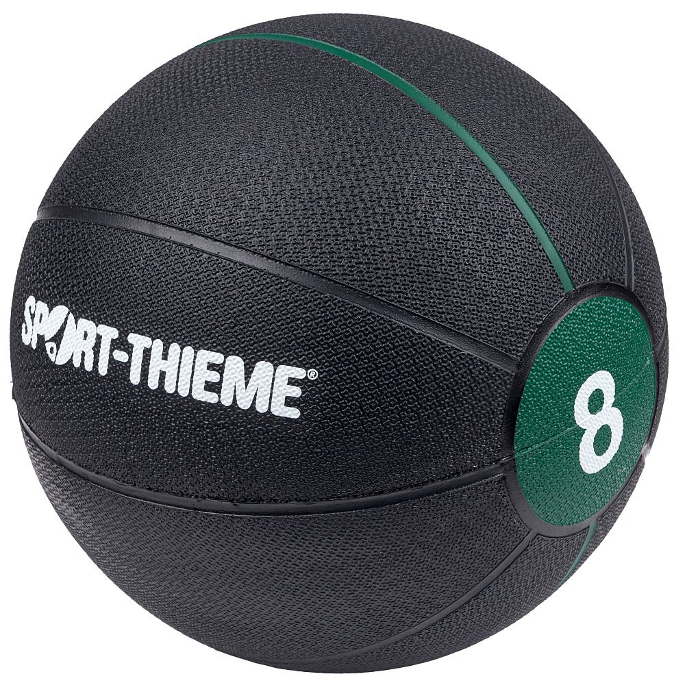 Schwarzer Medizinball mit grünem Akzent und der Zahl 8. Sport-Thieme Logo.
