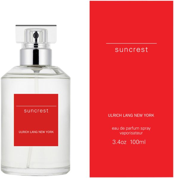 Parfümflakon und Verpackung. Roter Aufkleber mit "suncrest" und "ULRICH LANG NEW YORK".