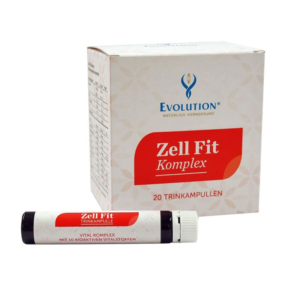 Schachtel und Trinkampulle. Auf der Schachtel steht "Evolution Zell Fit Komplex". Die Ampulle hat einen roten Streifen mit Text.