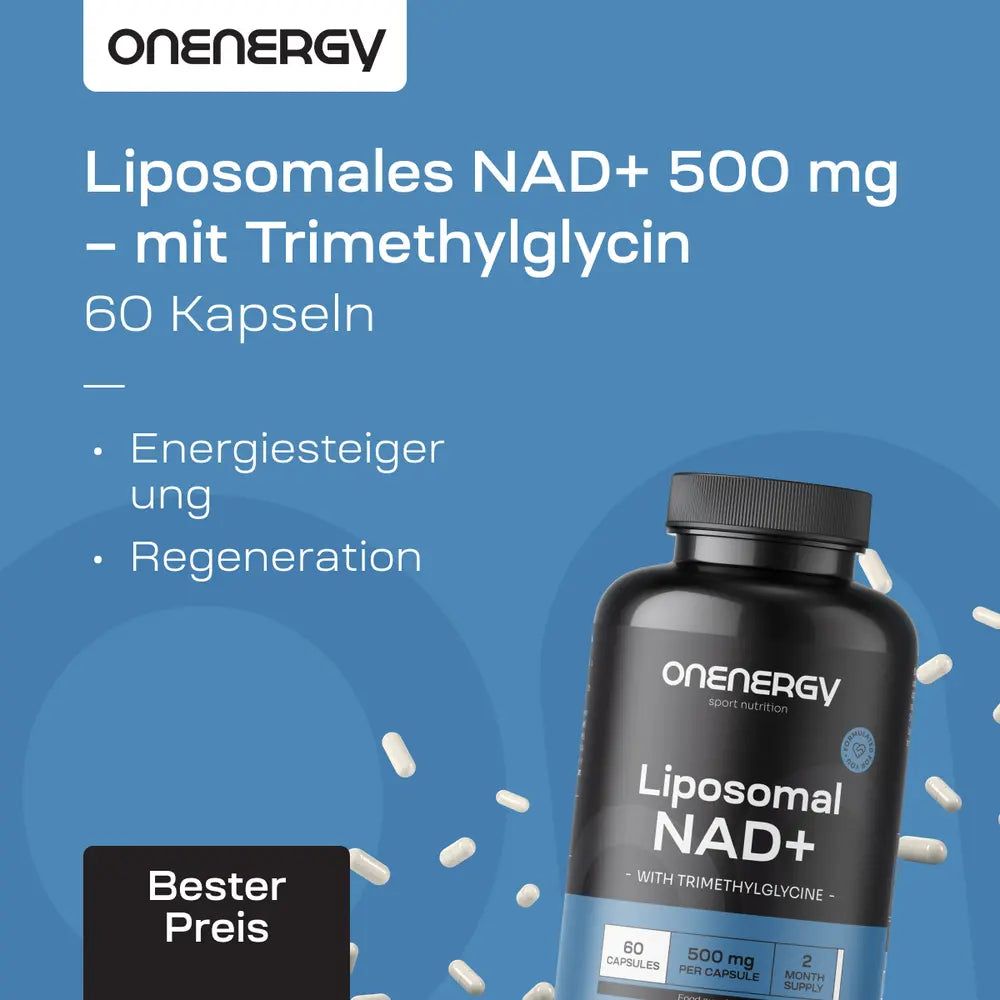 Flasche mit Liposomalem NAD+ und Kapseln. Text: Liposomales NAD+ 500 mg mit Trimethylglycin, 60 Kapseln.