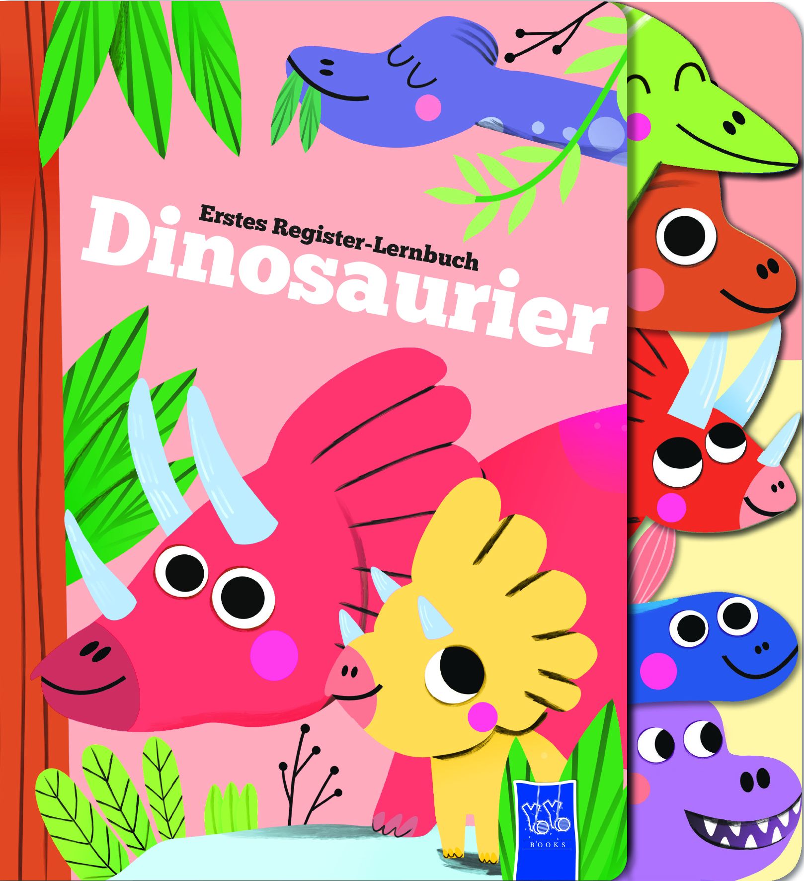 Buch mit Dinosaurier-Illustrationen. Titel: Erstes Register-Lernbuch Dinosaurier. Register mit Dinosaurierköpfen.
