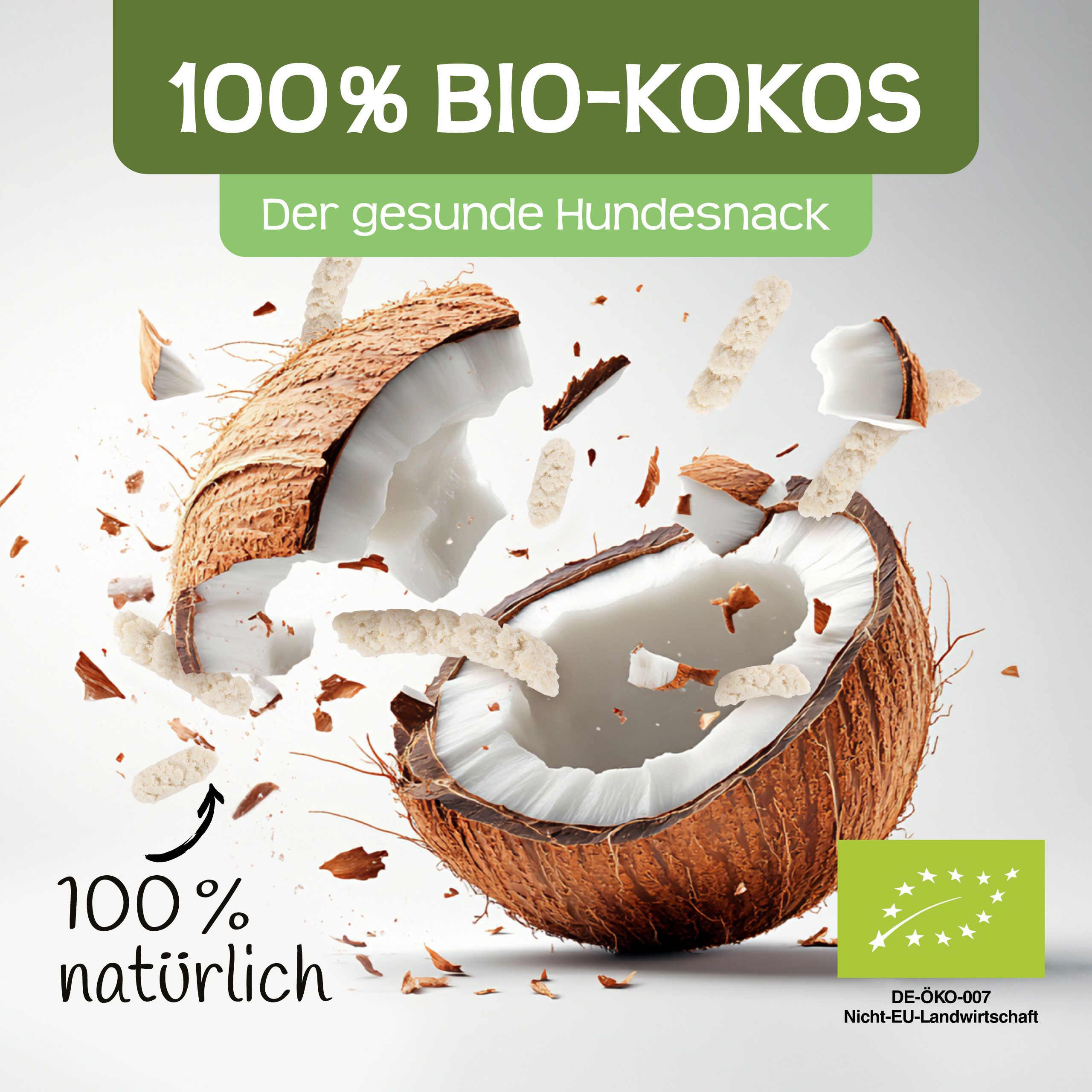Kokosnuss mit Kokos-Sticks. Text: 100% Bio-Kokos. Der gesunde Hundesnack.