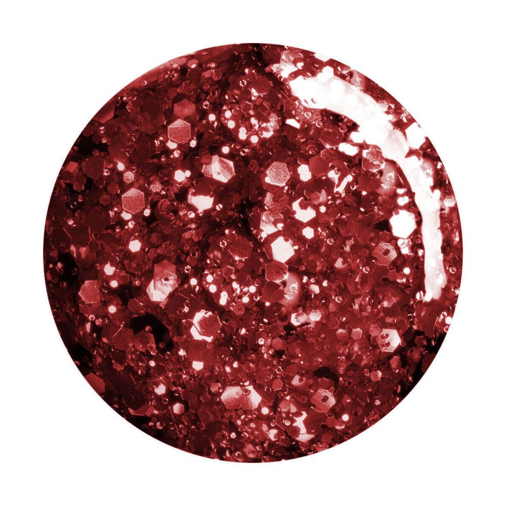 Runder, dunkelroter Nagellack-Farbtest mit Glitzerpartikeln.