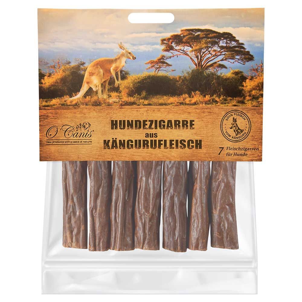 Packung Hundezigarren aus Kängurufleisch. 7 Stück in transparenter Verpackung. O'Canis Logo und Bild eines Kängurus.