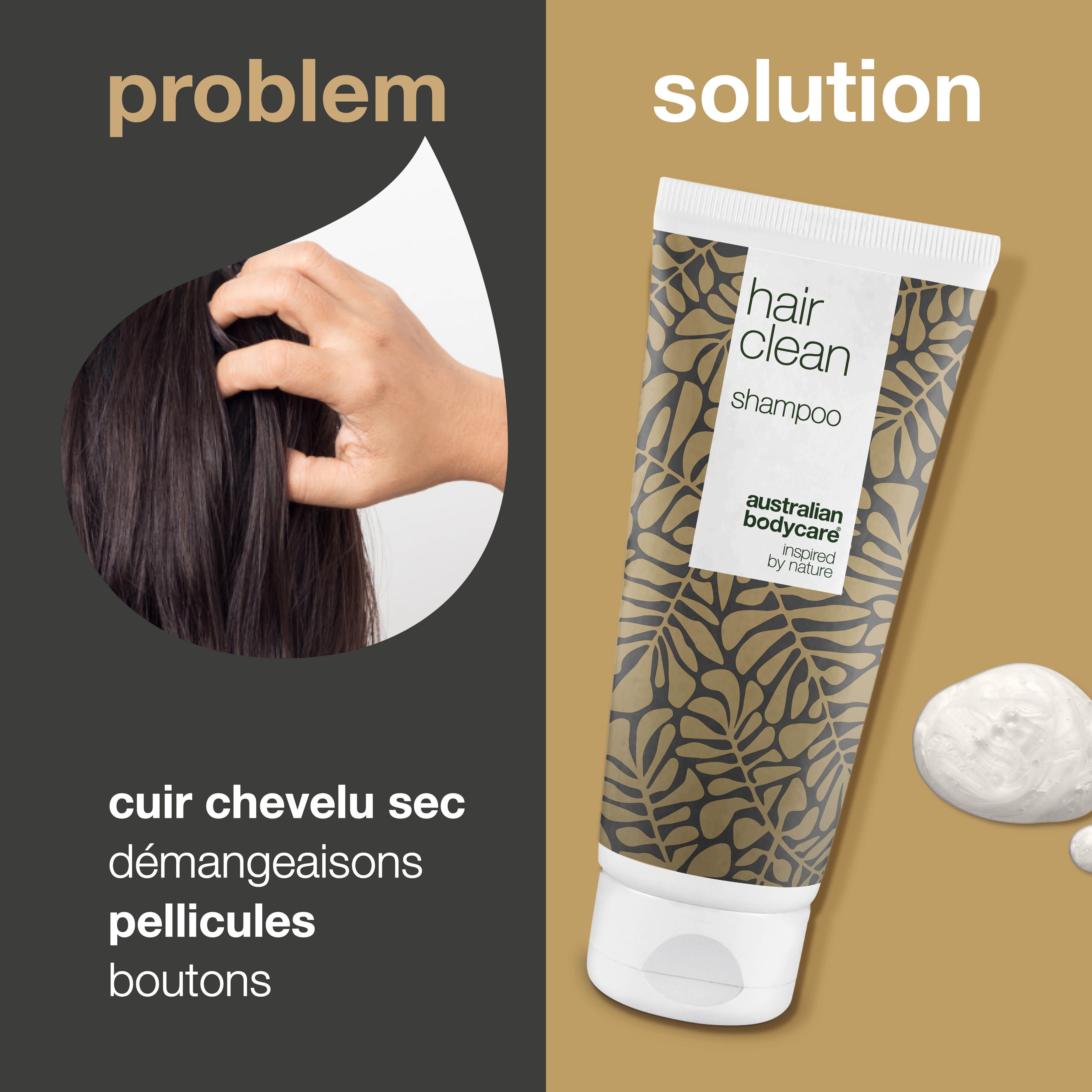 Comparaison : problème (cuir chevelu sec) et solution (shampooing). Inscription : Hair Clean Shampoo, Australian Bodycare.