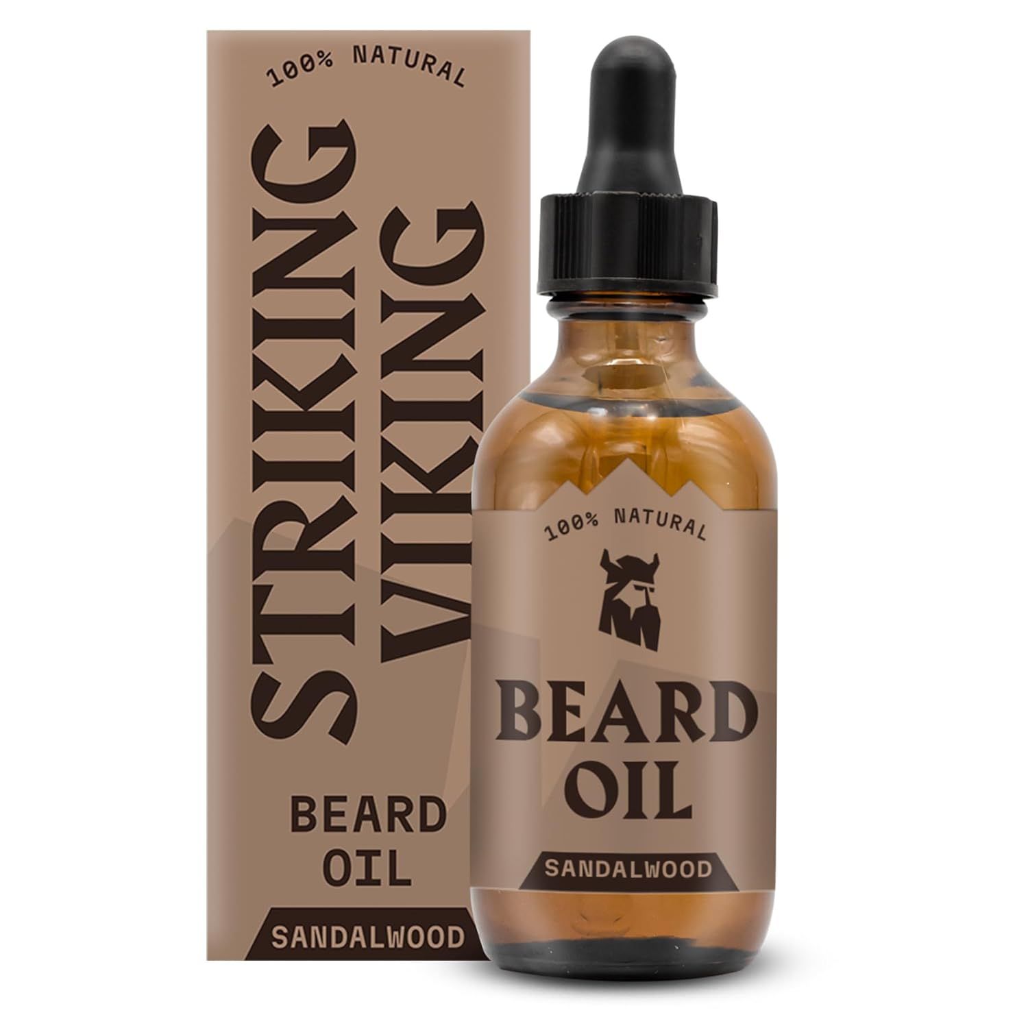 Braunes Bartöl-Fläschchen mit Pipette und Karton. Aufschrift: Striking Viking, Beard Oil, Sandelholz, 100% Natural.
