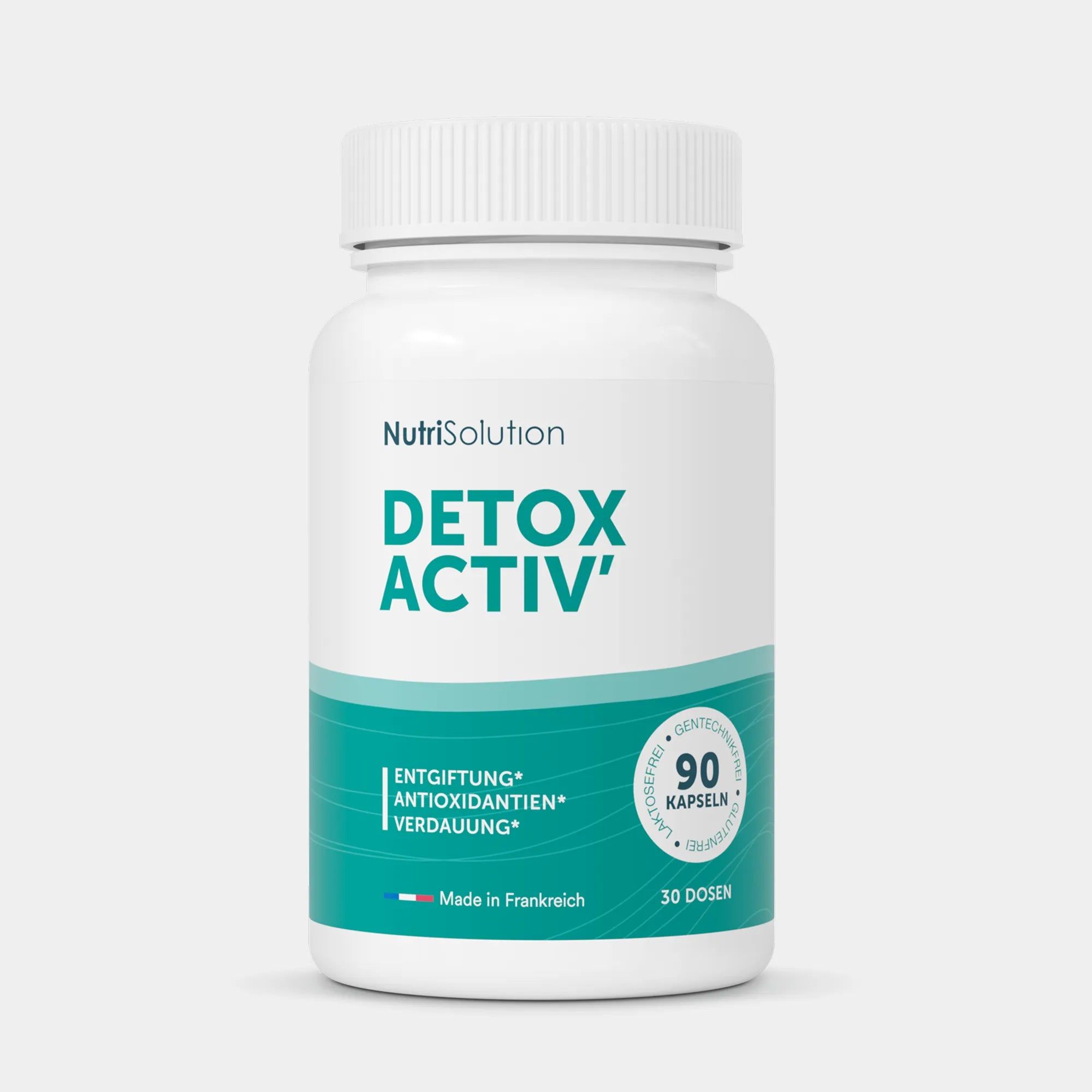NutriSolution Detox Activ Kapselbehälter mit 90 Kapseln. Enthält Entgiftung, Antioxidantien, Verdauung. Hergestellt in Frankreich.