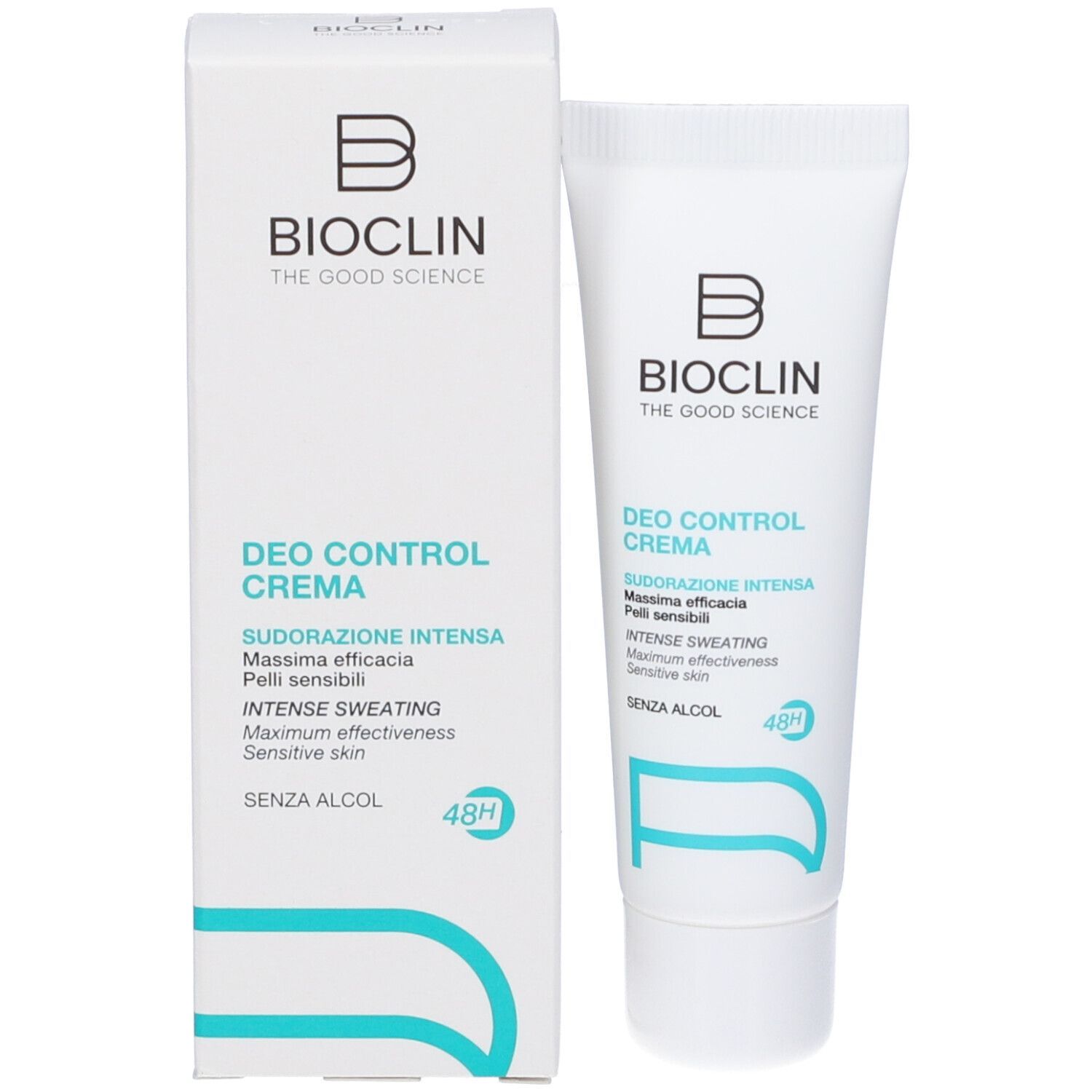 Bioclin Deo Control Crema Tube und Karton. Für intensive Schweißbildung, maximale Wirksamkeit, empfindliche Haut. Ohne Alkohol, 48h Schutz.