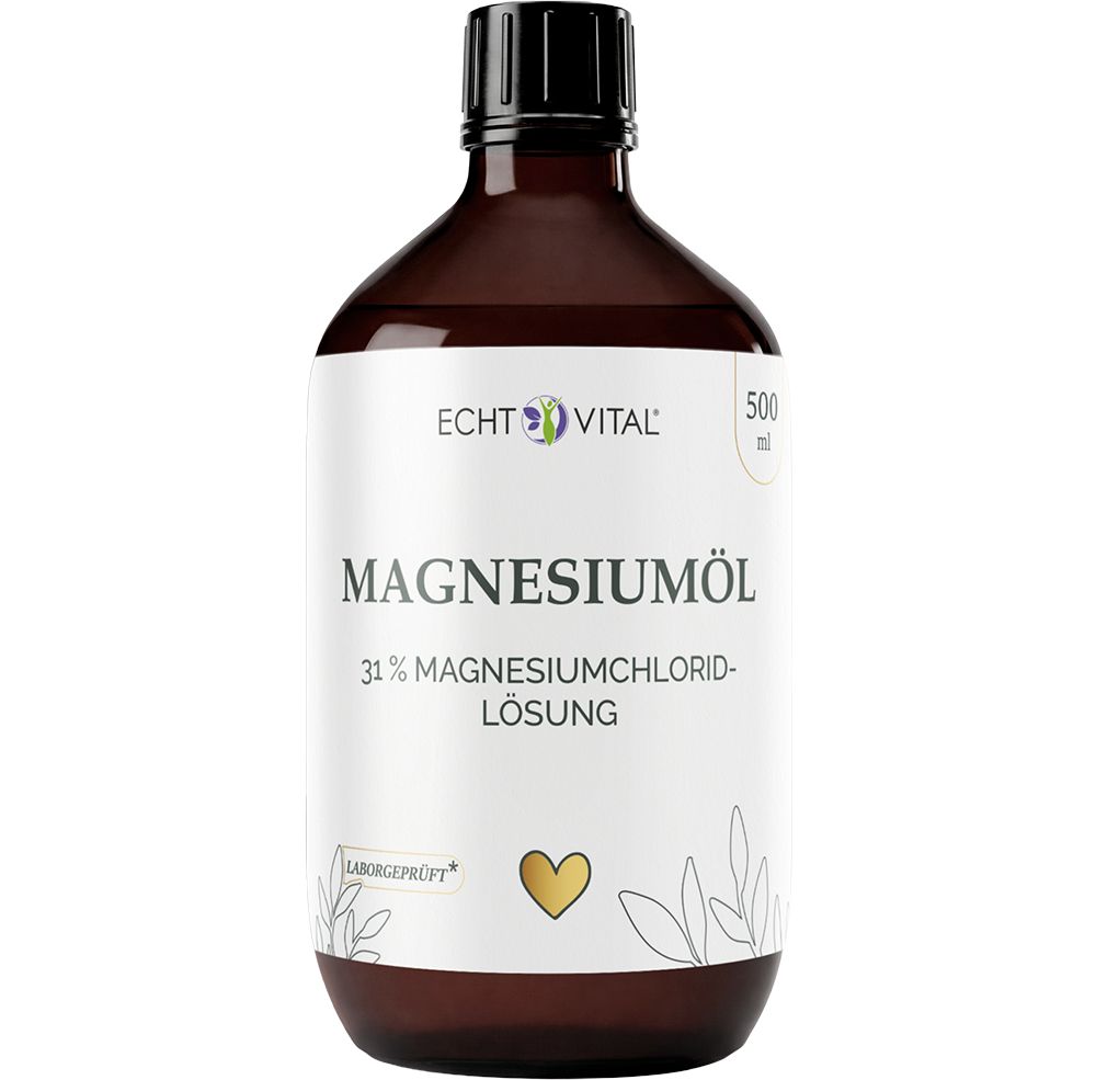 Braune Glasflasche mit schwarzem Schraubverschluss, gefüllt mit Magnesiumöl. Etikett mit "Echt Vital Magnesiumöl 31% Magnesiumchlorid-Lösung".