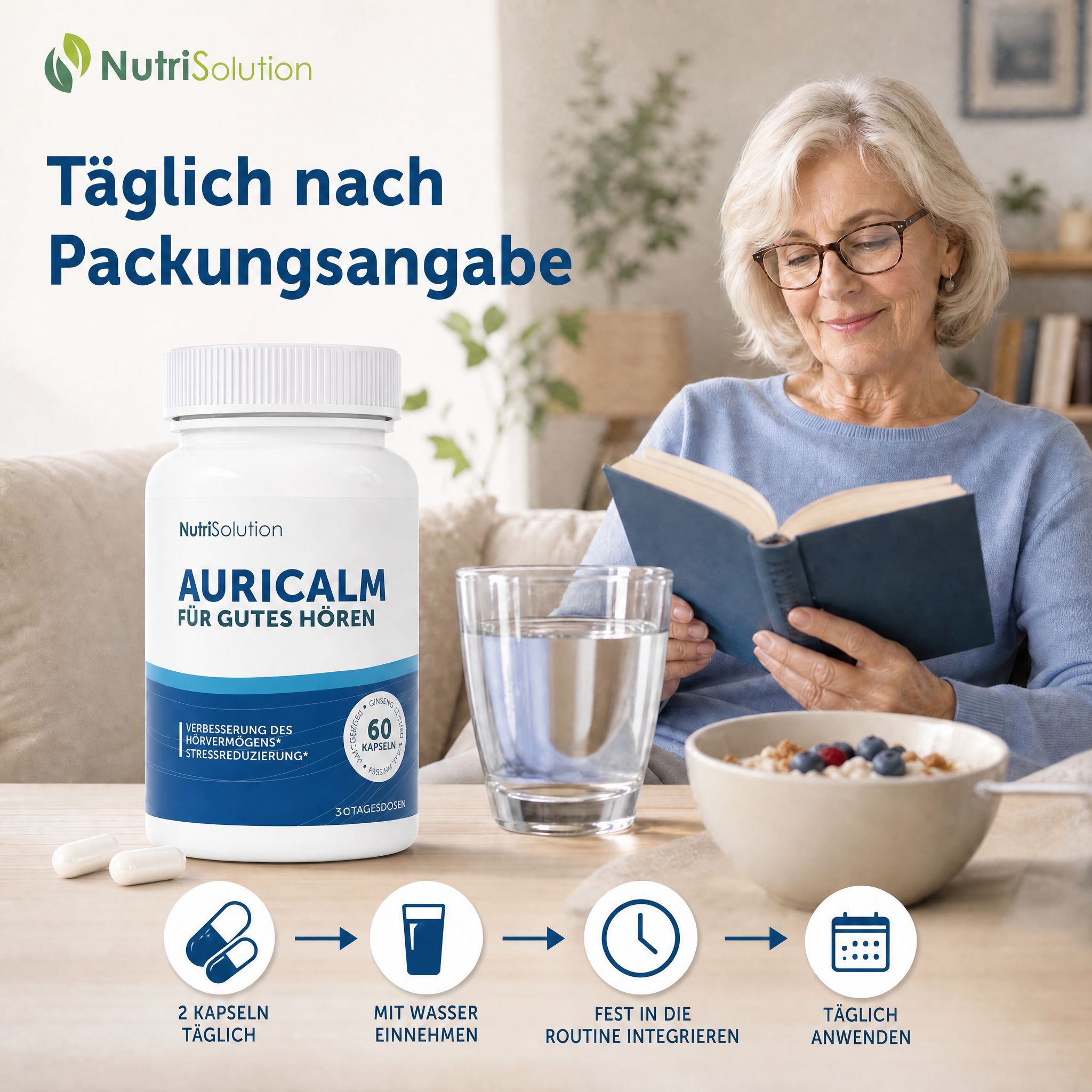 NutriSolution AuriCalm Flasche auf einem Tisch mit einer Frau, die liest.