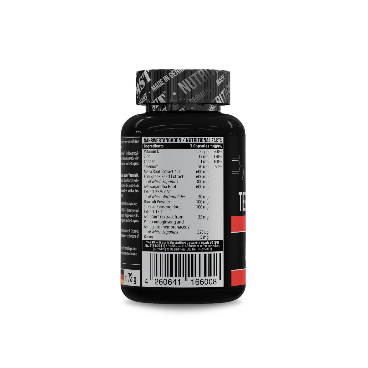 Rückseite einer schwarzen Kapselverpackung mit Nährwerttabelle, Zutatenliste und Barcode. "Made in Germany" Flagge unten.