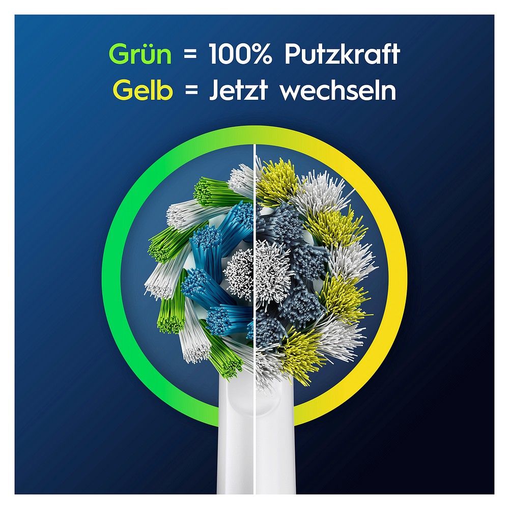 Oral-B Aufsteckbürste: Grüne Borsten für volle Putzkraft, gelbe zum Wechseln.
