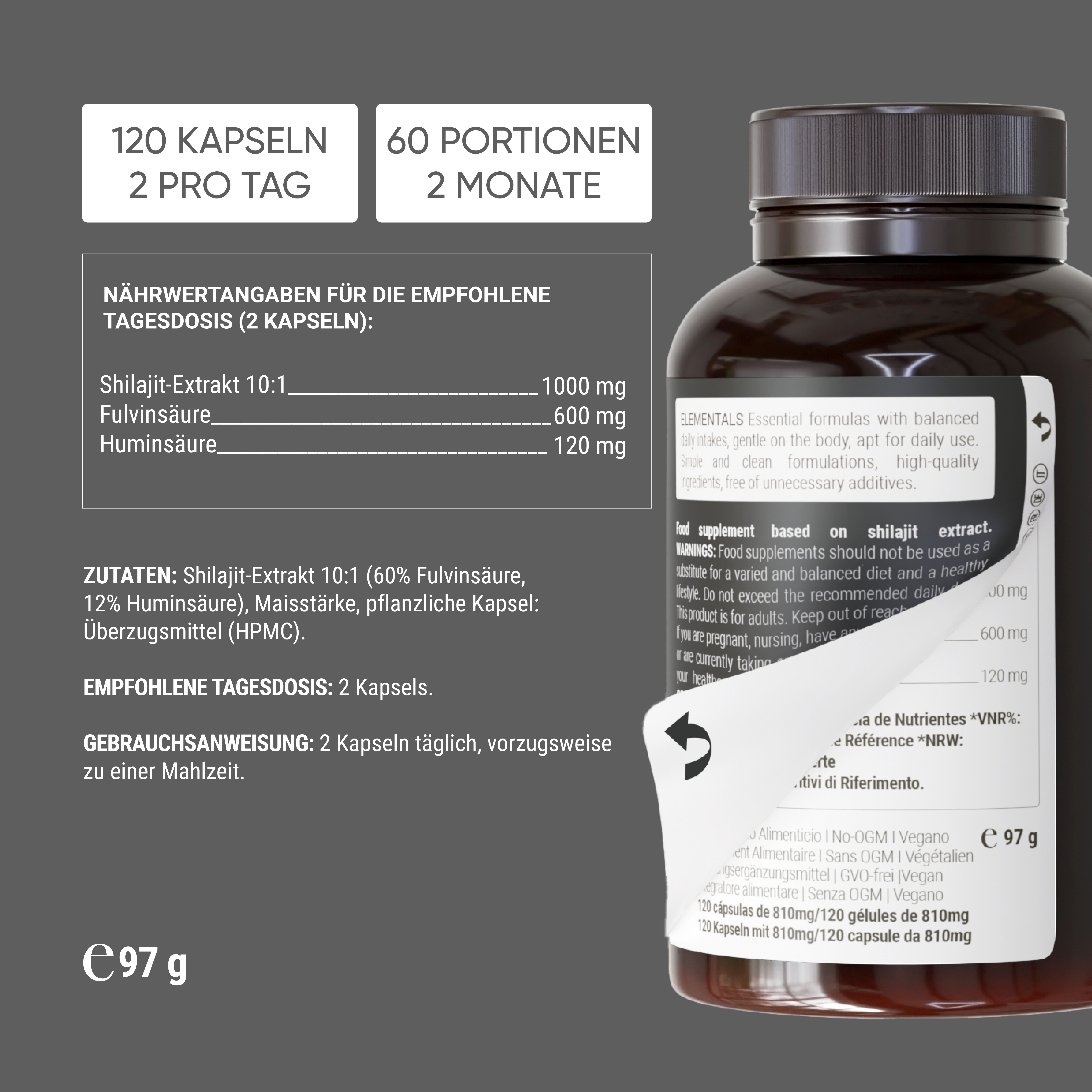 Etikett mit Nährwertangaben und Inhaltsstoffen. Text: Shilajit-Extrakt, Fulvinsäure, Huminsäure.