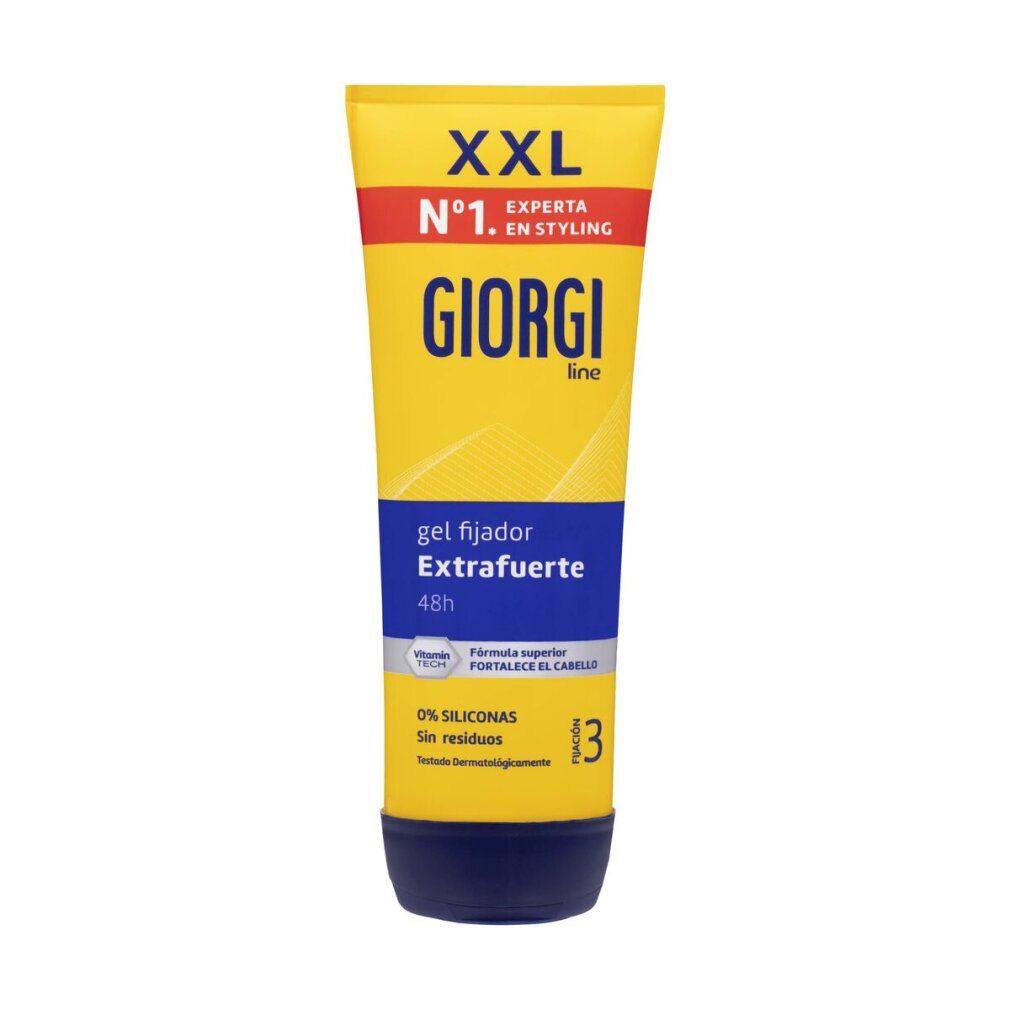 Gel-Tube Giorgi Line Extrafuerte, gelb-blau. Text: XXL, N°1, Giorgi Line, gel fijador Extrafuerte, 48h, 0% siliconas.