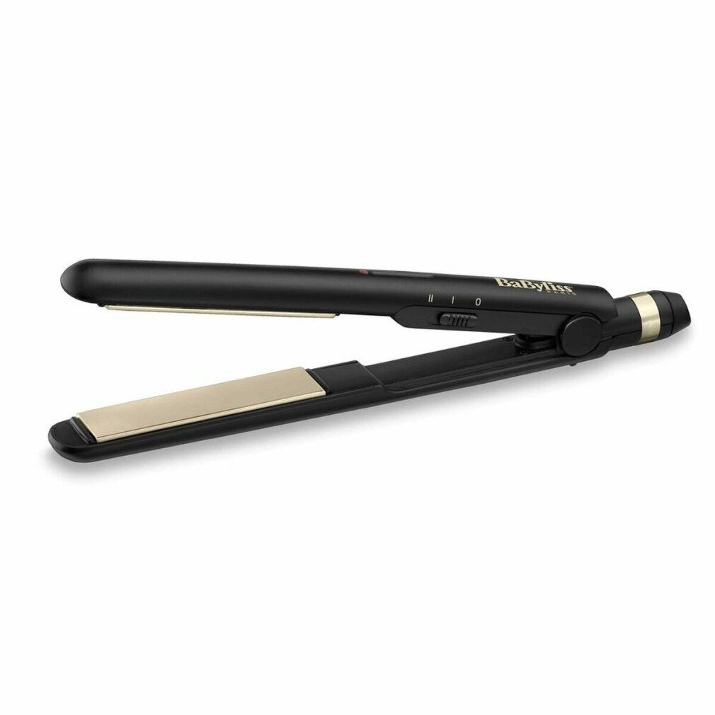 Schwarzes Glätteisen mit goldenen Platten. Marke Babyliss. Einstellrad mit 3 Positionen.