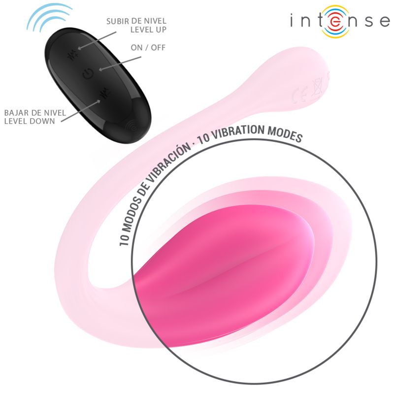 Rosa Vibrator mit Fernbedienung. Auf der Fernbedienung sind Tasten für "Auf", "Aus" und "Ab" beschriftet.