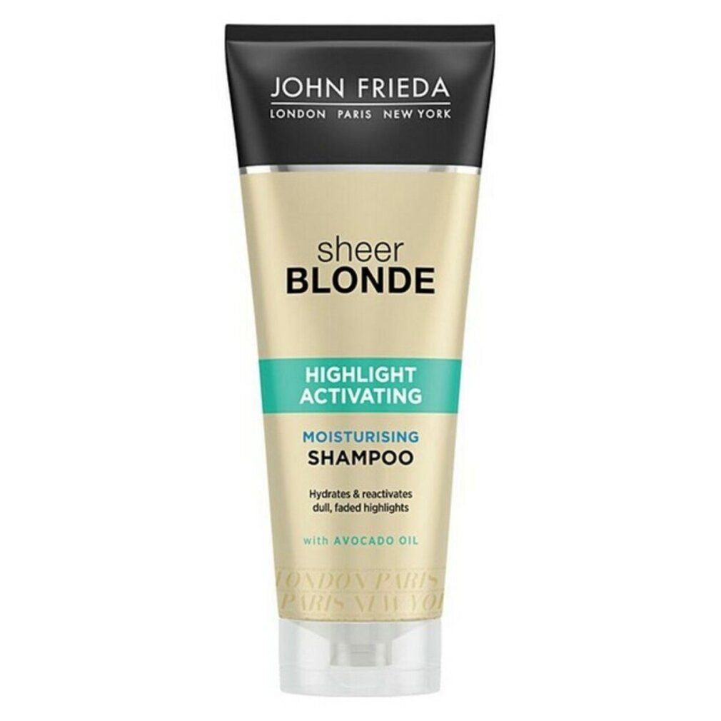 Shampoo-Tube von John Frieda Sheer Blonde. Schwarzer Deckel, goldfarbener Körper, grüne Akzente. Aufschrift: Highlight Activating Moisturising Shampoo.