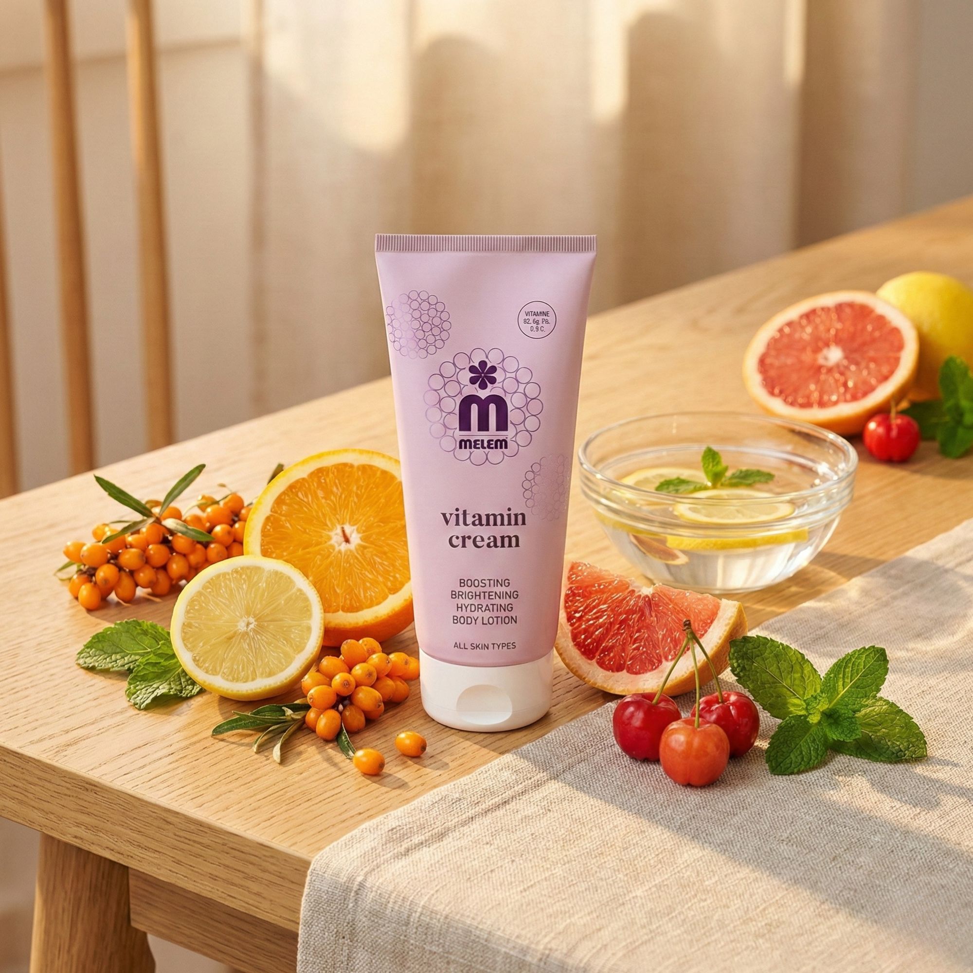 Rosa Tube mit weißem Deckel. Aufschrift: Melem Vitamin Cream. Umgeben von Früchten: Orange, Zitrone, Grapefruit, Kirschen, Sanddorn.