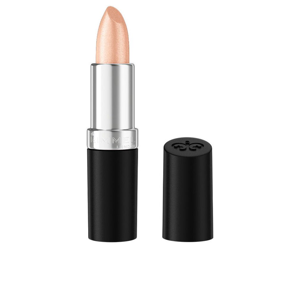 Lippenstift mit schwarzem Gehäuse und silberner Hülse. Offen, Stift sichtbar. Deckel daneben. Aufschrift: Rimmel.