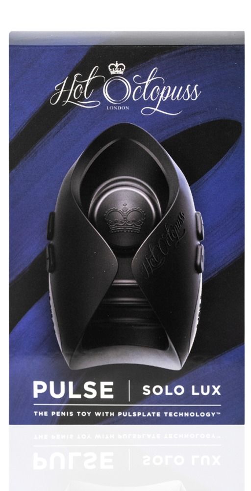 Schwarze Verpackung mit Produkt. Text: Hot Octopuss, Pulse Solo Lux. Blau-schwarzer Hintergrund.