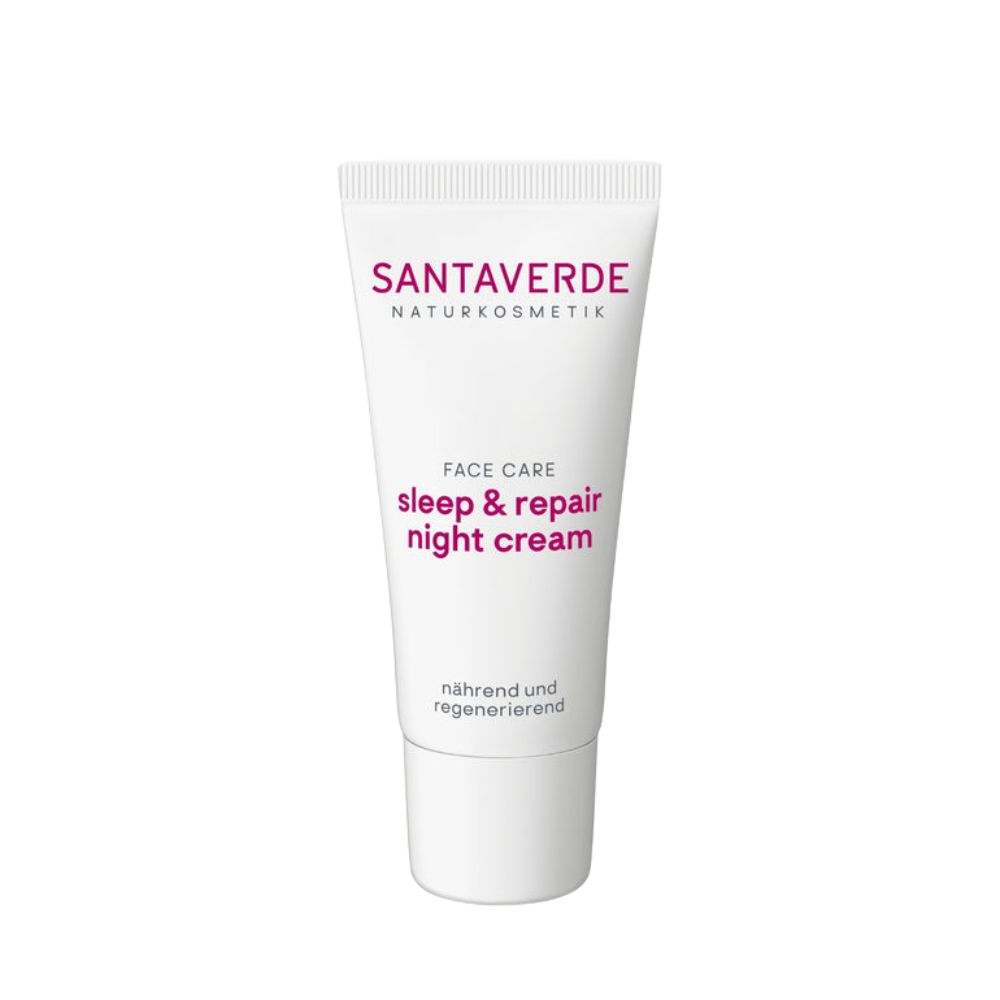 Weiße Tube mit SANTAVERDE-Logo und Aufschrift 'Sleep & Repair Night Cream'. Text: 'Face Care' und 'nährend und regenerierend'.