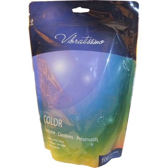 Standbodenbeutel mit "Vibratissimo"-Logo. Aufschrift "COLOR", Kondome. Unten rechts: "100".