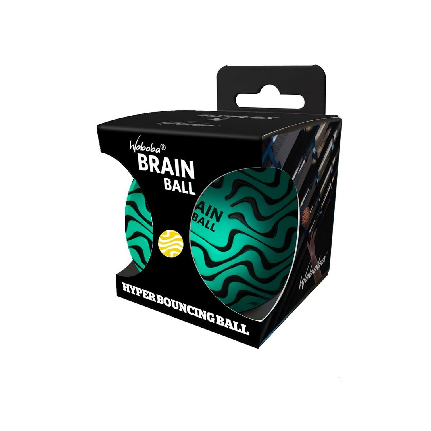 Waboba Brain Ball in schwarzer Verpackung. Aufschrift: Brain Ball, Hyper Bouncing Ball.