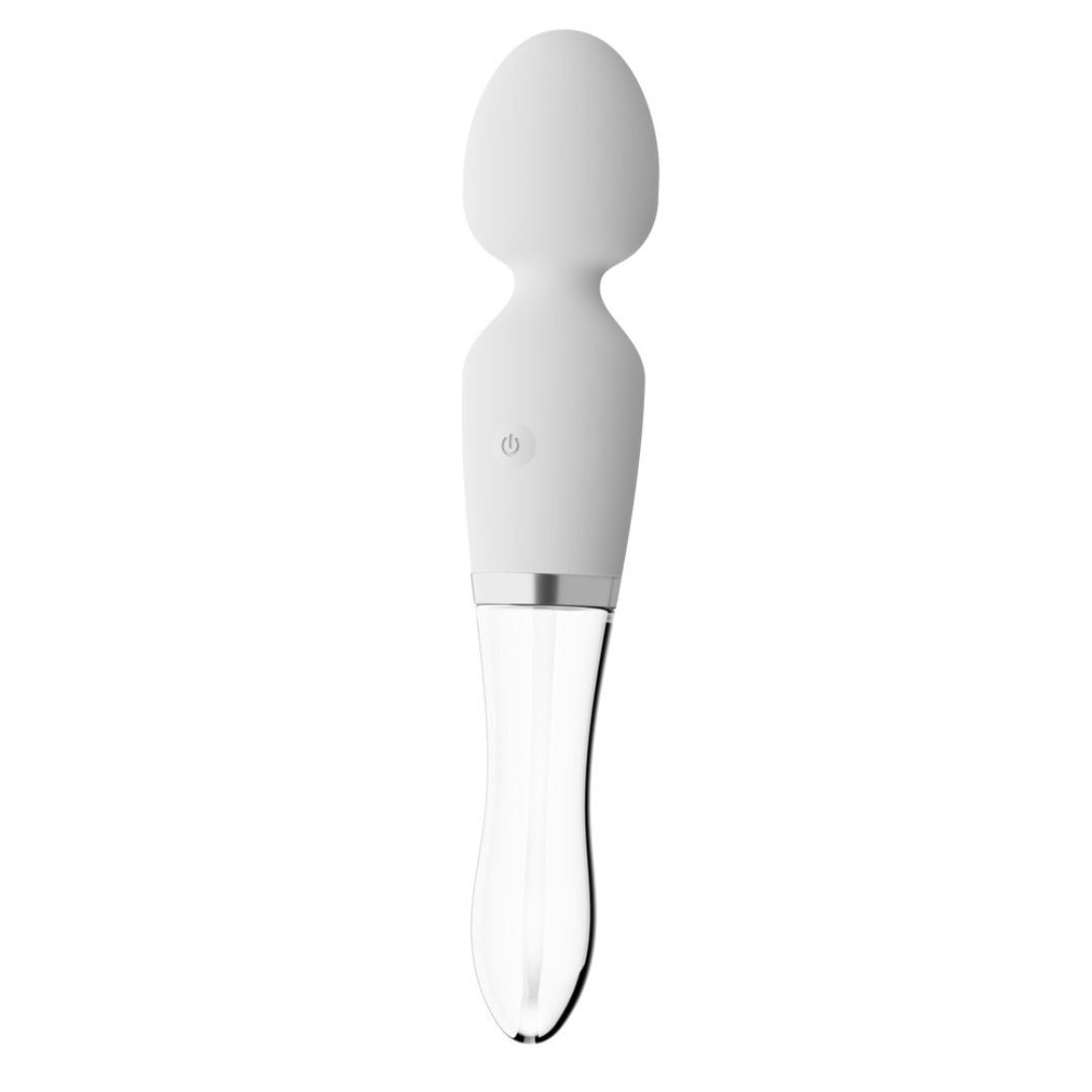 Weißer Vibrator mit gläsernem Griff. Ovale Spitze, zylindrischer Körper mit Power-Taste. Metallring. 