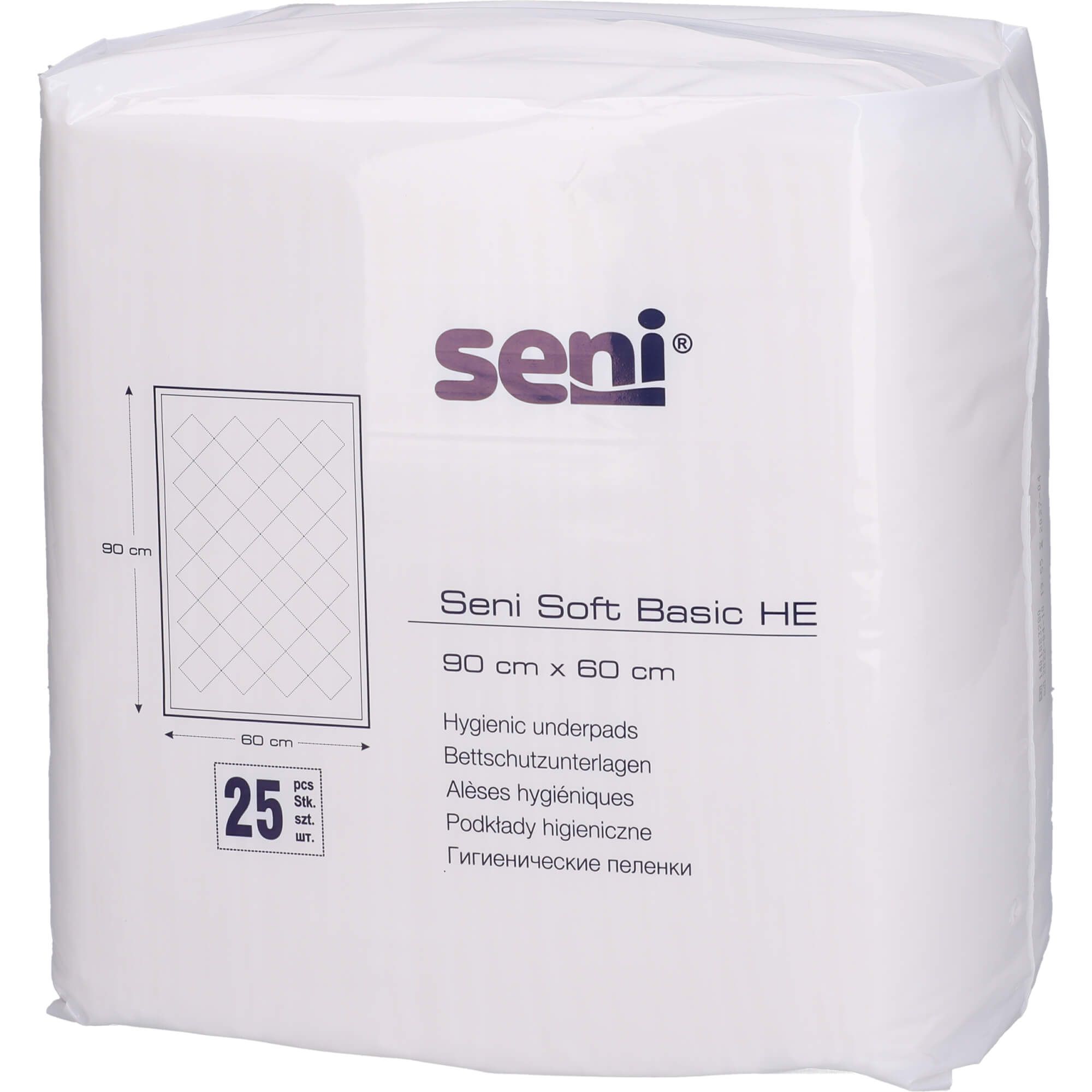 Verpackung mit SENI Soft Basic HE Bettschutzunterlagen. 25 Stück. Maße: 90 x 60 cm. Hygienische Unterlagen. Marke SENI.