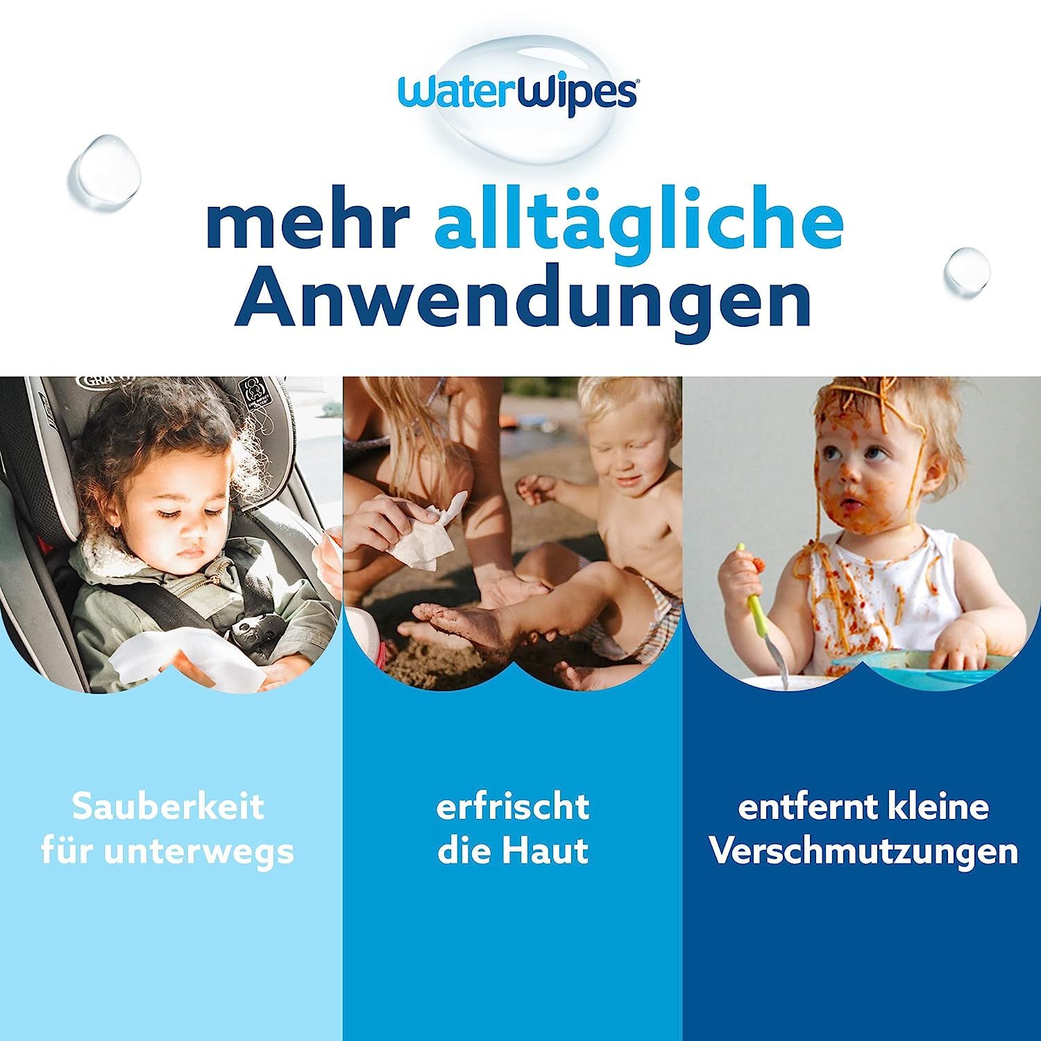 Drei Bilder zeigen Anwendungen. Sauberkeit für unterwegs. Erfrischt die Haut. Entfernt kleine Verschmutzungen. Logo WaterWipes.