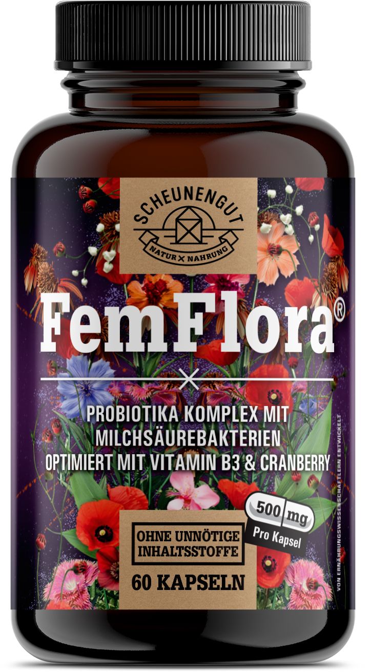 Braune Flasche FemFlora. Text: Probiotika Komplex mit Milchsäurebakterien. Optimiert mit Vitamin B3 & Cranberry. 60 Kapseln.