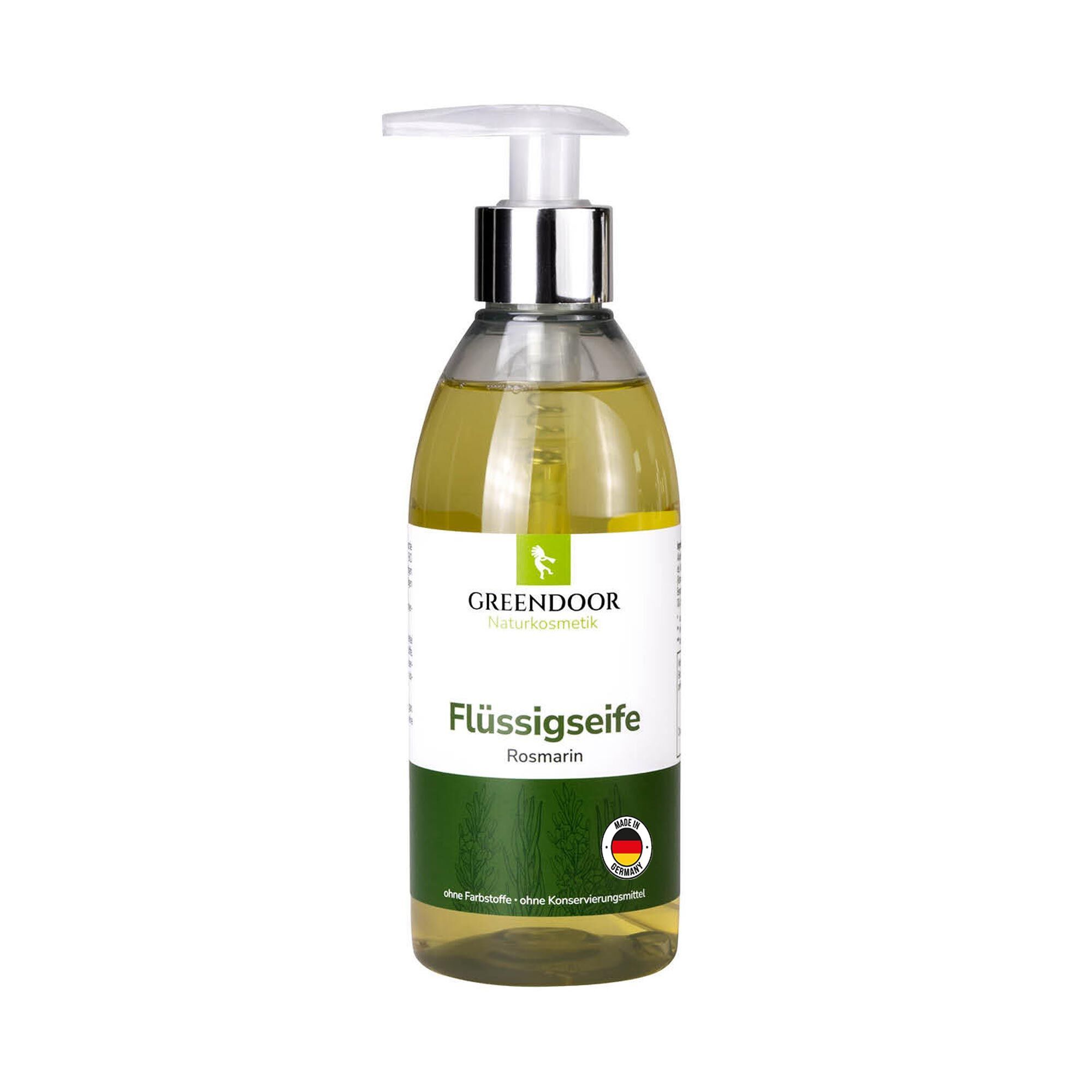 GREENDOOR Flüssigseife Rosmarin in klarer Flasche mit Pumpspender. Naturkosmetik.