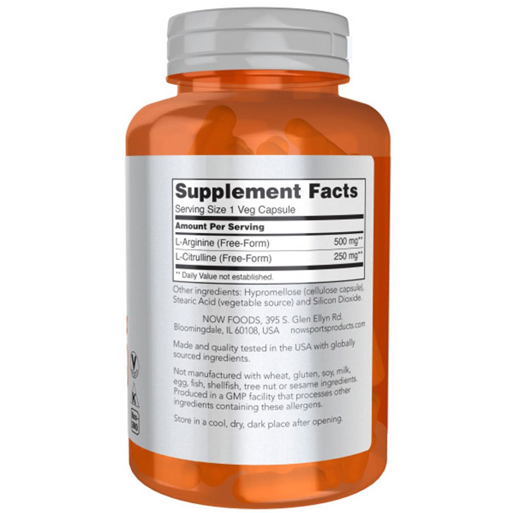 Rückseite einer orangefarbenen Flasche. Etikett mit Nährwertangaben: L-Arginin, L-Citrullin. Inhaltsstoffe, Herstelleradresse. Vegan- und GMP-Siegel.