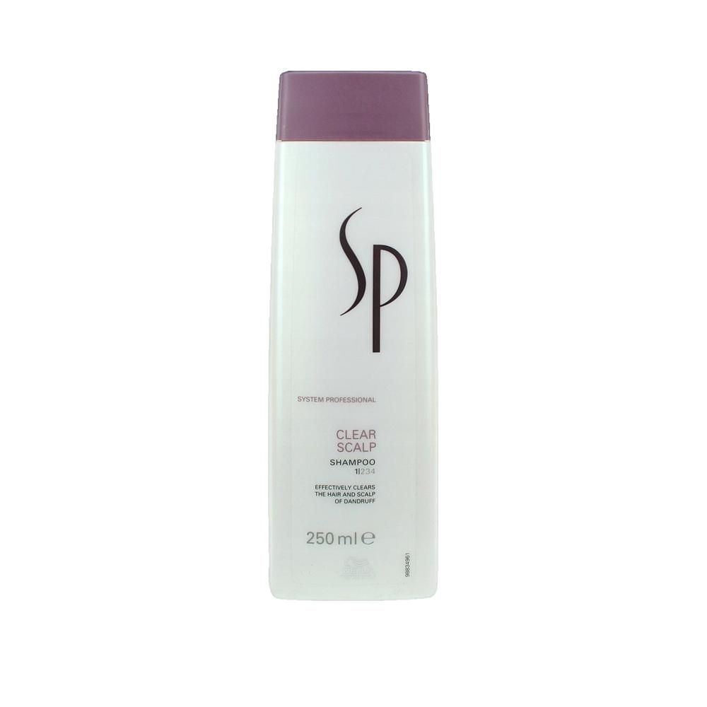 Weißes Shampoo-Flakon mit lila Deckel. SP-Logo und Schriftzug CLEAR SCALP SHAMPOO. 250 ml. Wella-Logo.