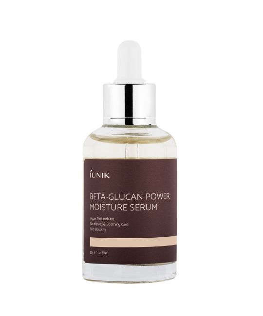 Flacone di siero con contagocce. Scritta: IUNIK, Beta-Glucan Power Moisture Serum. Etichetta marrone con testo bianco.