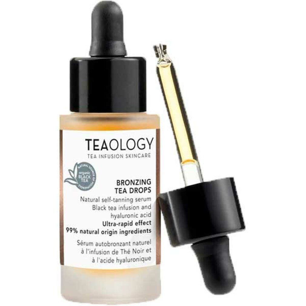 Glasflasche mit Pipette. Aufschrift: Teaology, Bronzing Tea Drops. Enthält 99% natürliche Inhaltsstoffe. Produkt sichtbar.