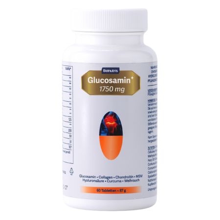 Weiße Flasche mit Belnutris Glucosamin+ 1750mg. Goldfarbenes Etikett mit Produktinformationen. 60 Tabletten. Aufschrift: Glucosamin, Collagen, Chondroitin, MSM.