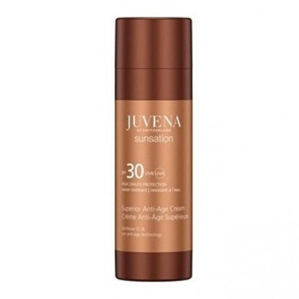 Braune Flasche. Aufschrift: Juvena Sunsation, SPF 30, Superior Anti-Age Cream. Wasserfest.