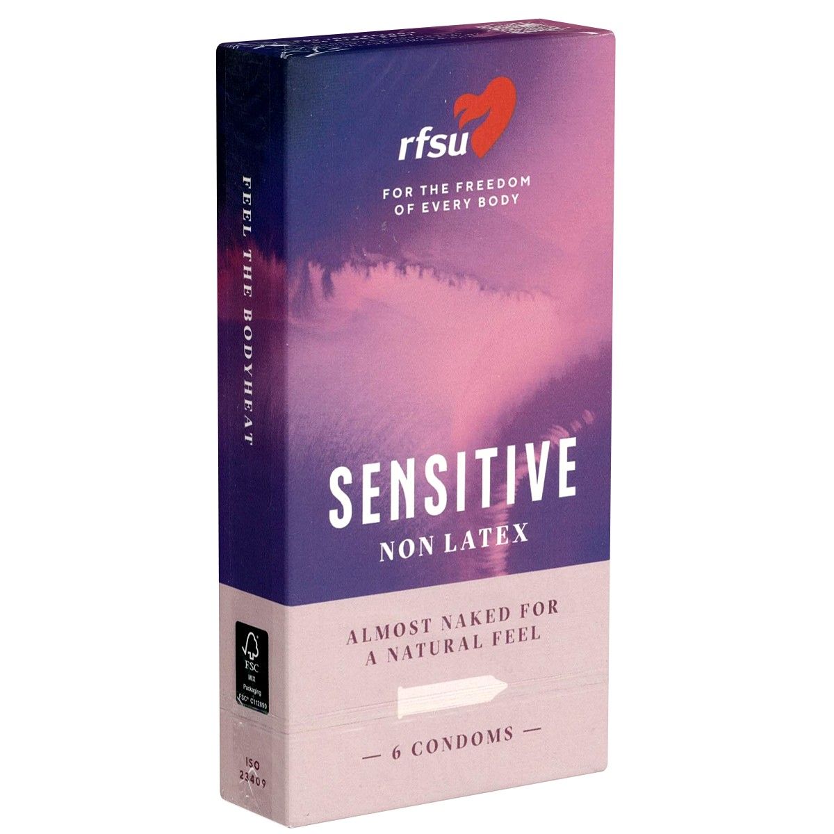 Verpackung mit Kondomen. Aufschrift: Sensitive, Non Latex, 6 Kondome. Marke: RFSU.