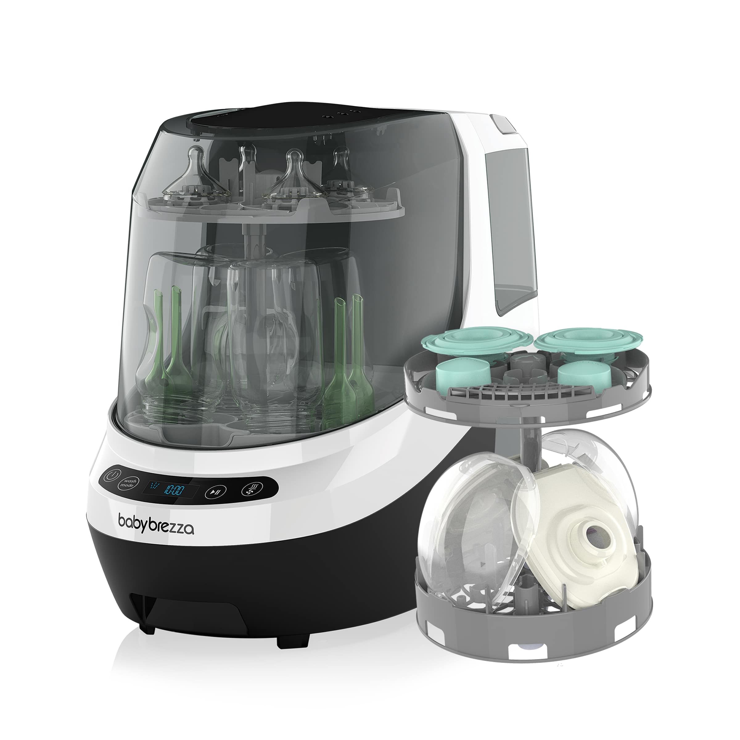 Gerät mit transparentem Deckel, Zubehörhalterungen. Schwarze und weiße Basis. Marke: babybrezza.