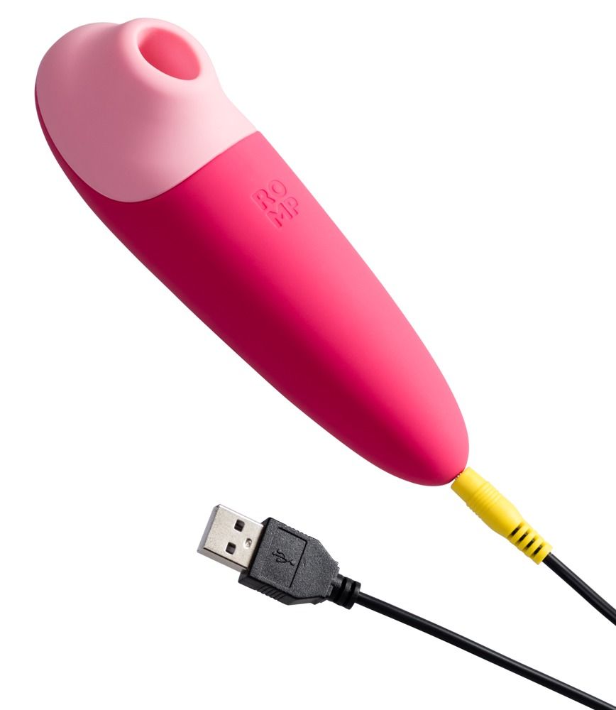 Rosa Vibrator mit rosa Kopf, verbunden mit einem USB-Kabel. Das Kabel hat einen gelben Abschnitt.