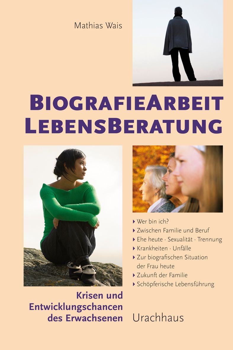 Buchcover: Titel „Biographiearbeit Lebensberatung“. Autor Mathias Wais. Bilder von Frauen und einer Person. Verlag Urachhaus. Themen: Krisen, Entwicklung.