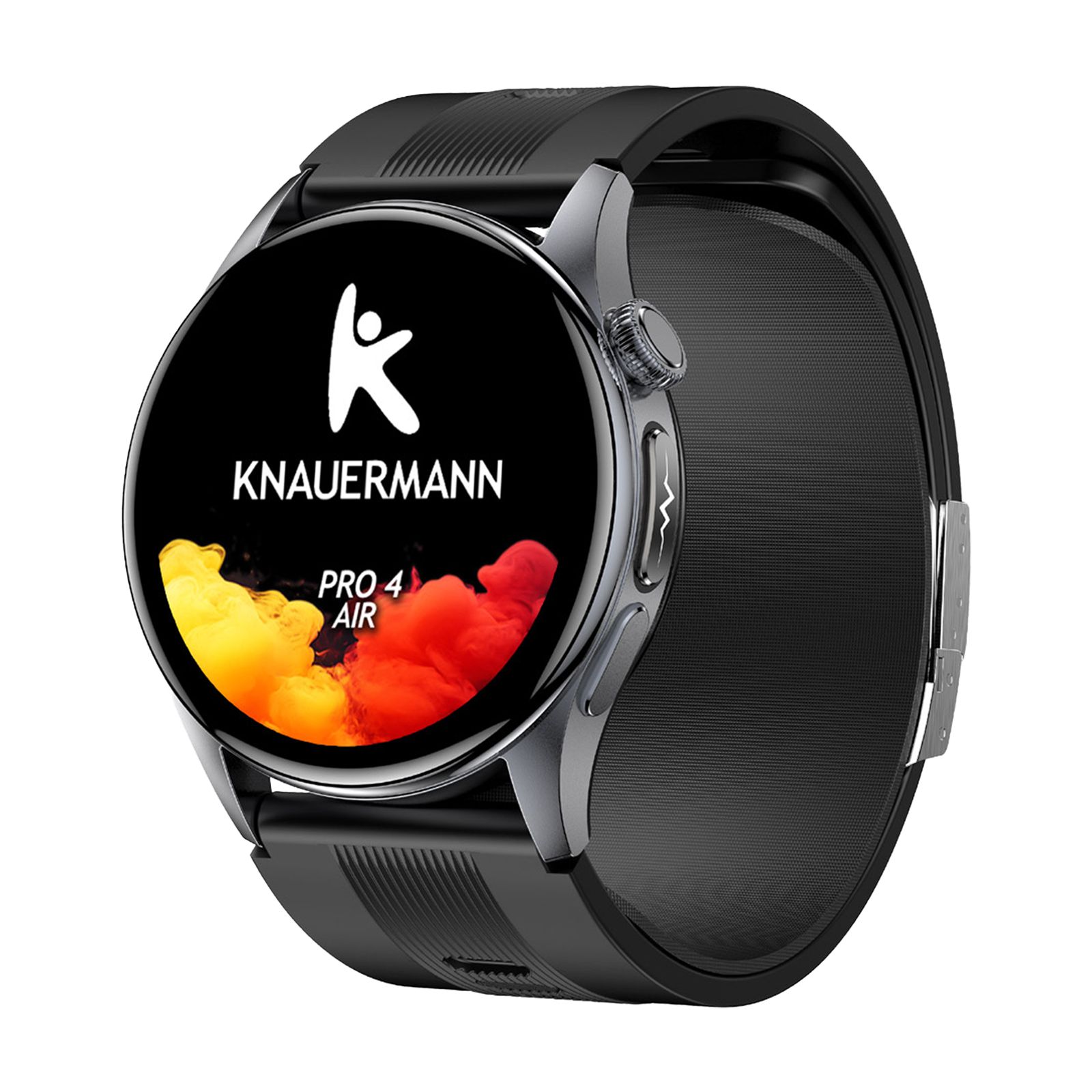 Smartwatch mit schwarzem Armband und dem Knauermann Pro 4 Air Logo auf dem Display.