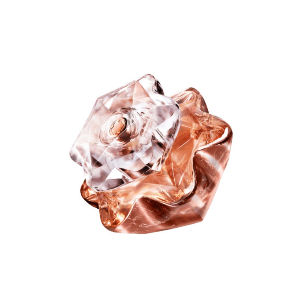 Parfümflakon mit roségoldfarbenem, blütenförmigem Design und transparentem Deckel. Auf weißem Hintergrund.