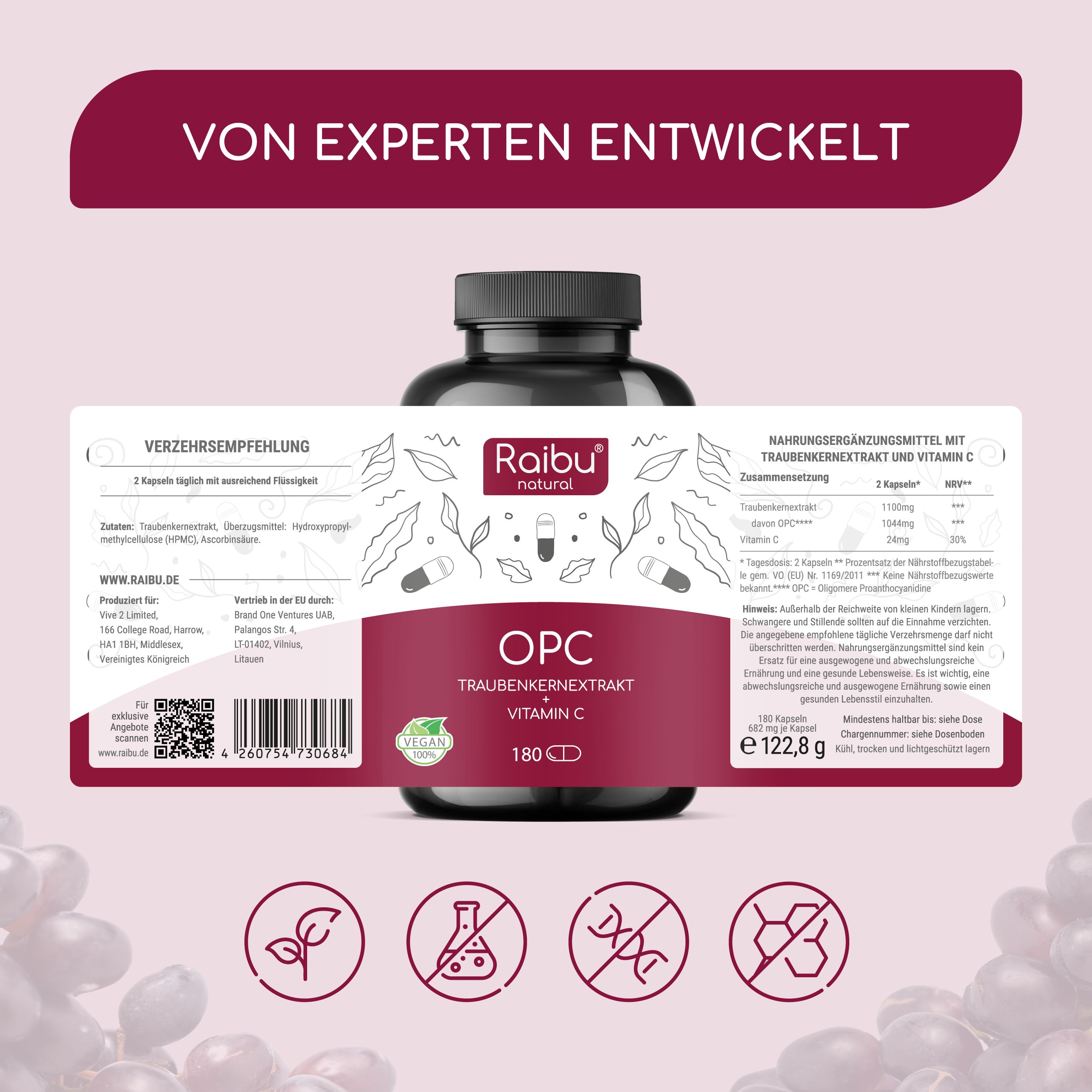 Produktflasche mit Etikett. Text: OPC Traubenkernextrakt Vitamin C. 180 Kapseln. Vegan. Informationen zur Zusammensetzung.