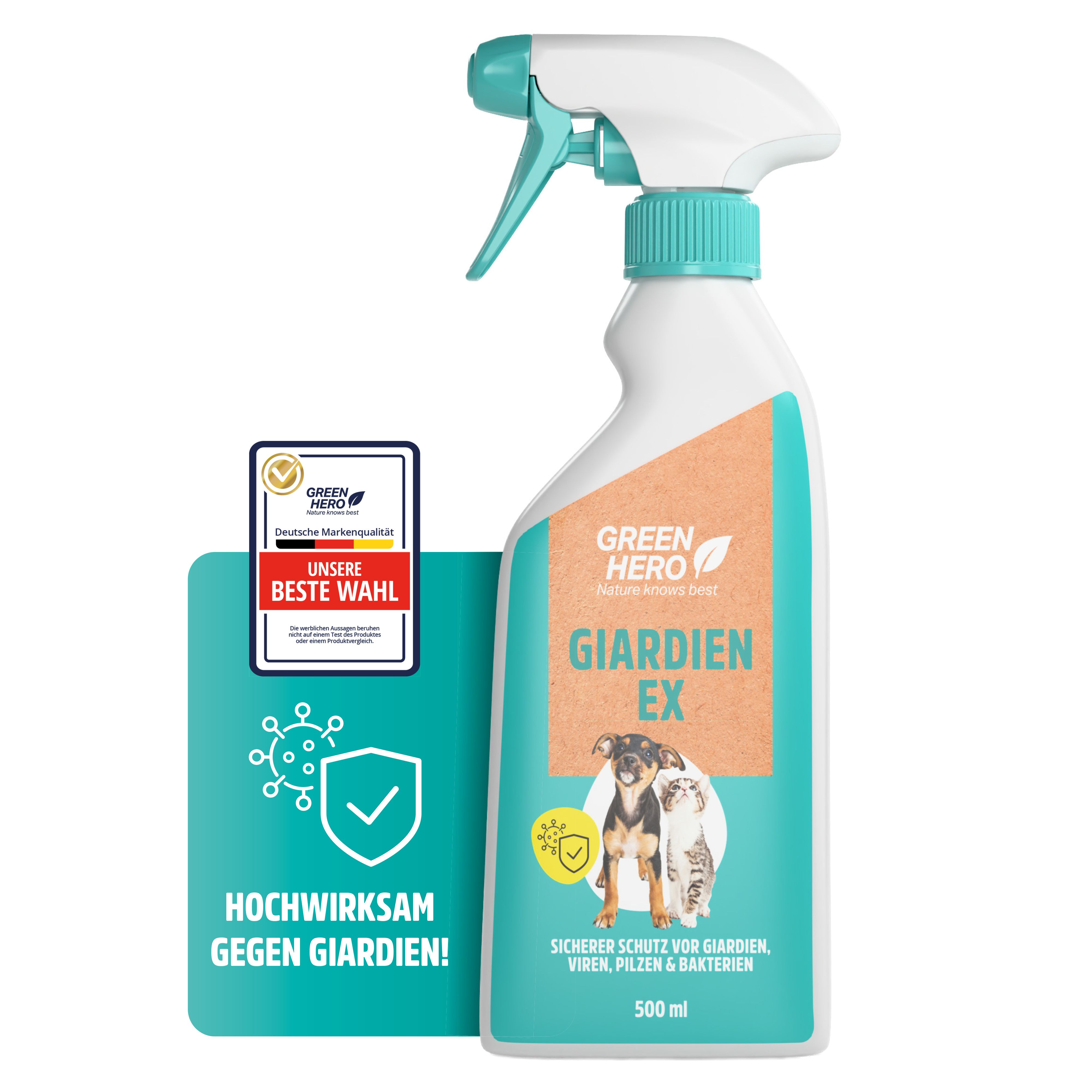 Sprayflasche mit Etikett. Text: Giardien Ex. Sicherer Schutz vor Giardien, Viren, Pilzen & Bakterien.