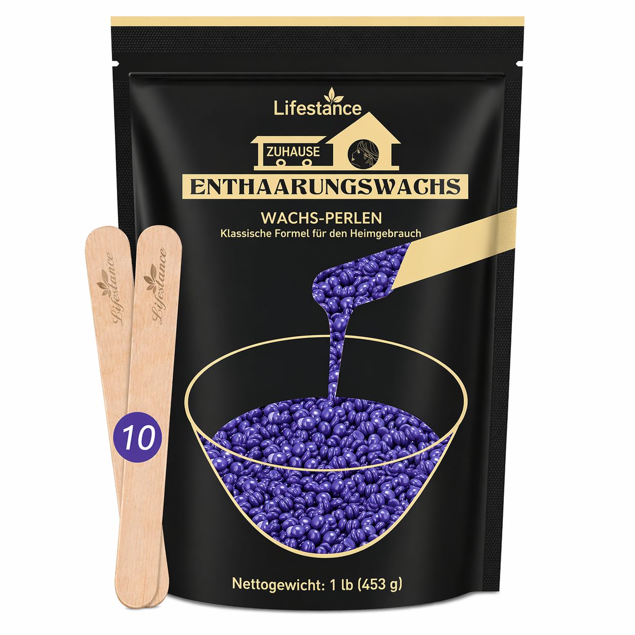 Beutel mit blauen Wachsperlen, zwei Holzspateln. Text: Lifestance, Enthaarungswachs, Wachs-Perlen. Nettogewicht: 1 lb (453g).