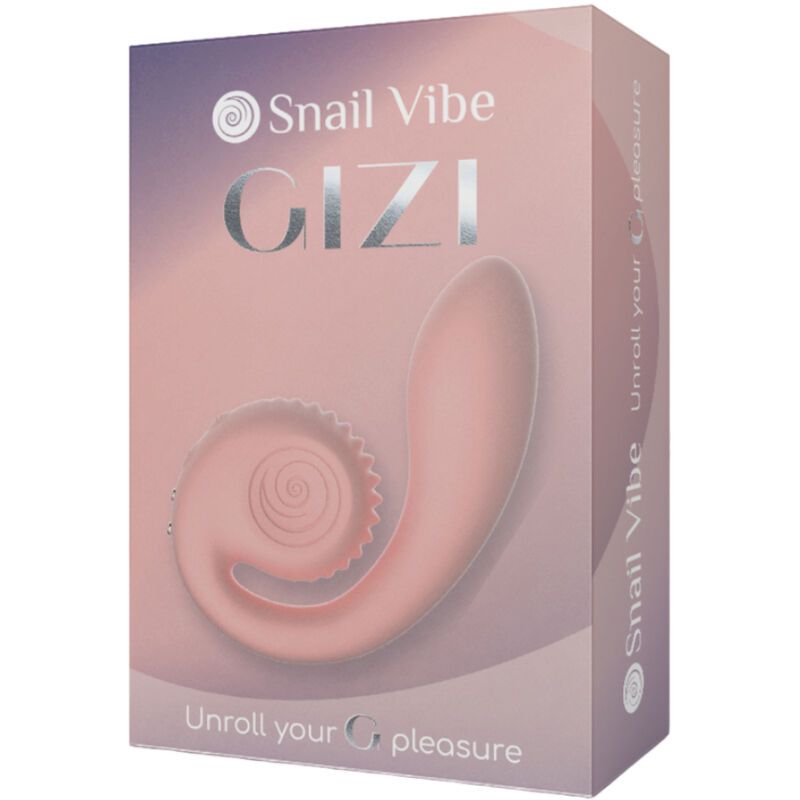 Verpackung von Snail Vibe Gizi. Rosa Box mit Produktabbildung. Logo und Text: Unroll your pleasure.
